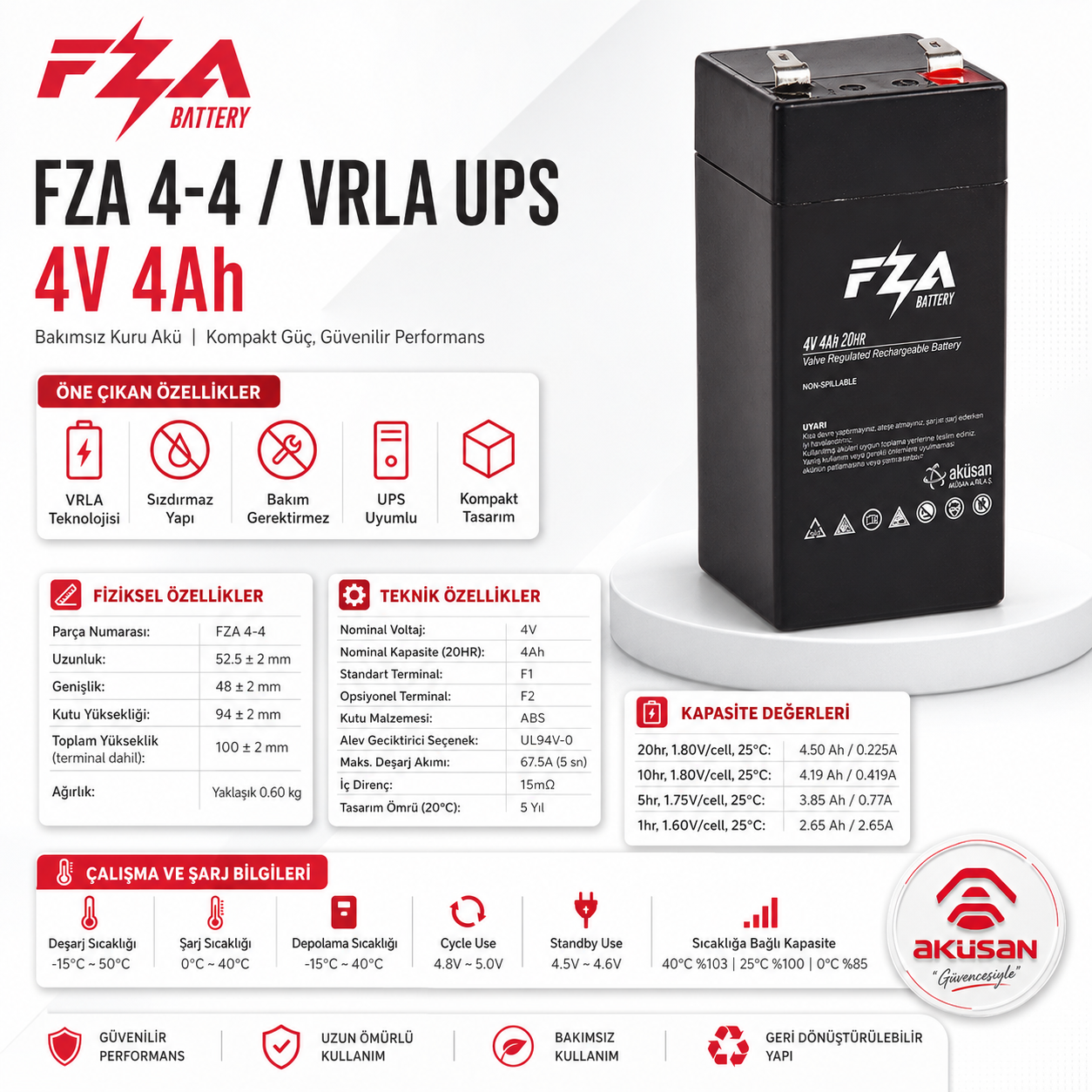 FZA 4V 4Ah  AGM (Kuru Bakımsız) Akü