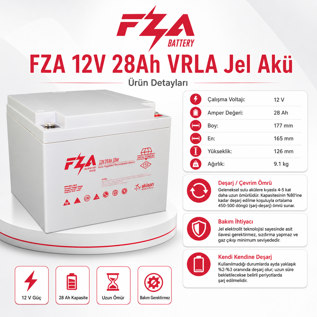 FZA 12 V 28 AH Jel Akü