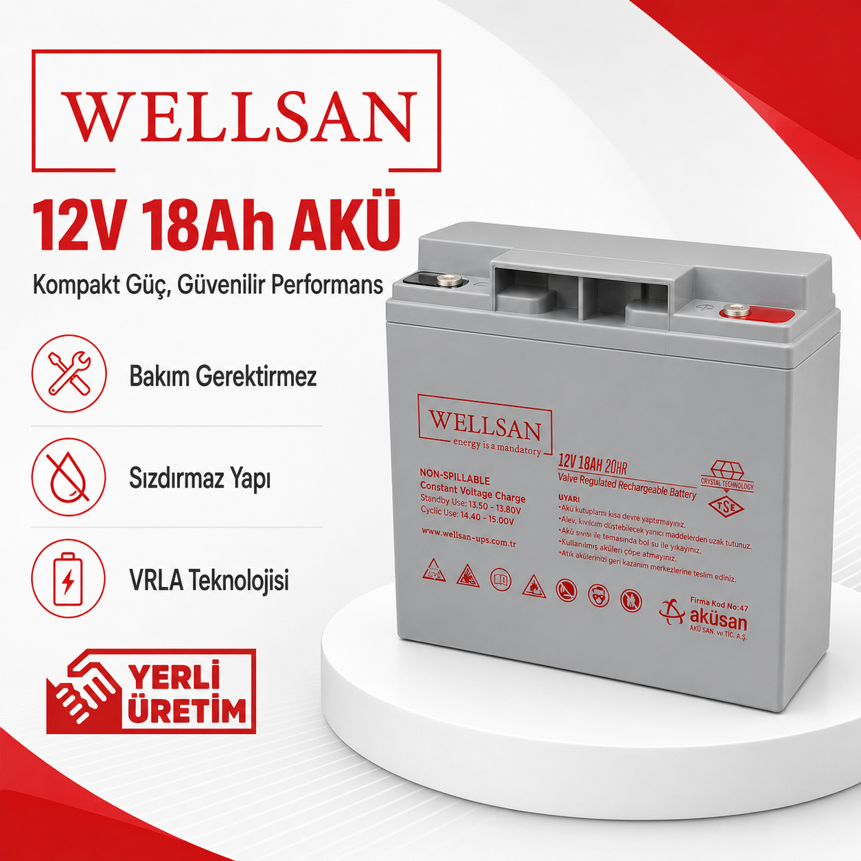 Wellsan 12 V 18 Ah AGM (Kuru Bakımsız) Akü