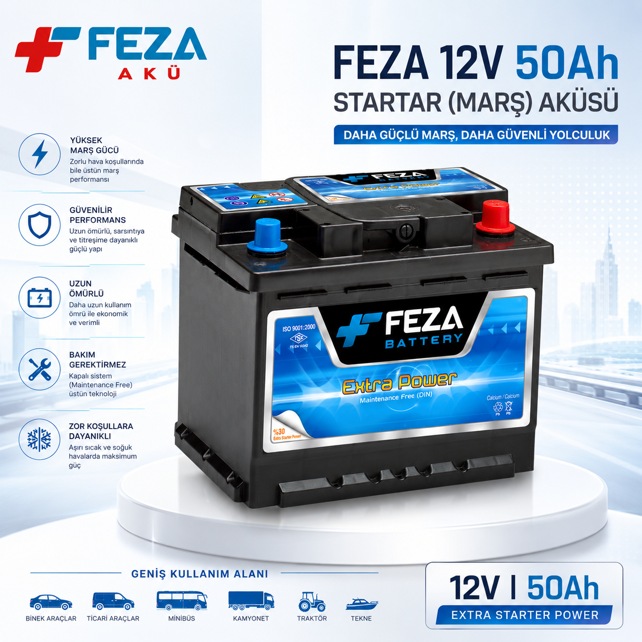 FEZA 12 V 50 Ah (Marş/Sulu) Akü