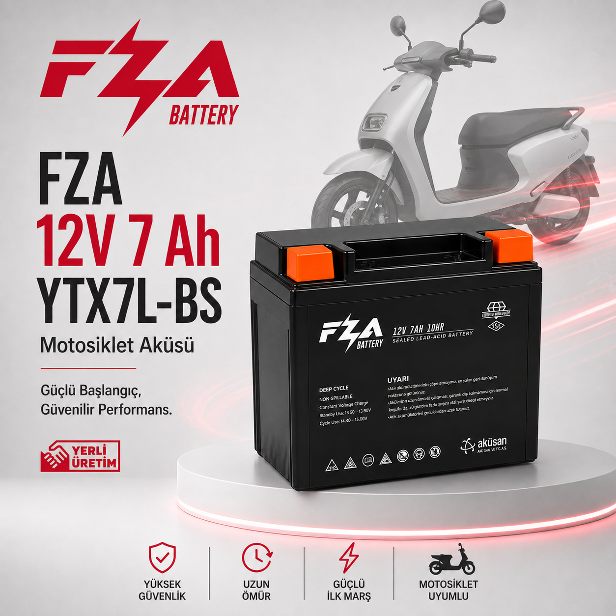 FZA 12 V 7 Ah (Dikey) Motosiklet Aküsü (YTX7L-BS)
