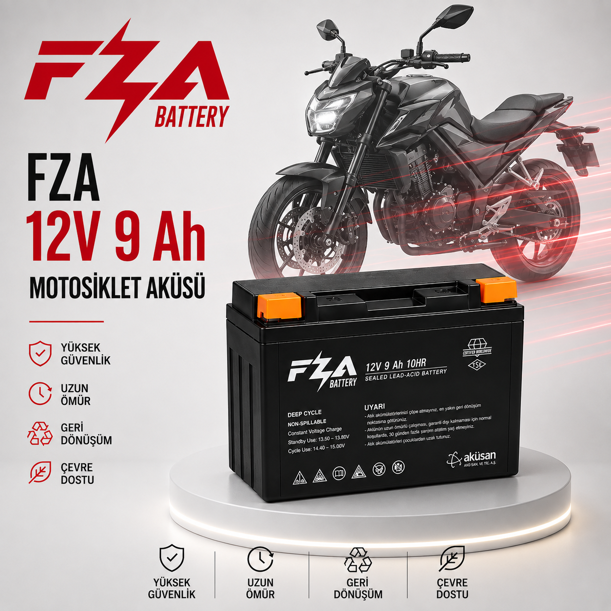 FZA 12 V 9 Ah (Yatık) Motor Aküsü - (YTX9-BS)