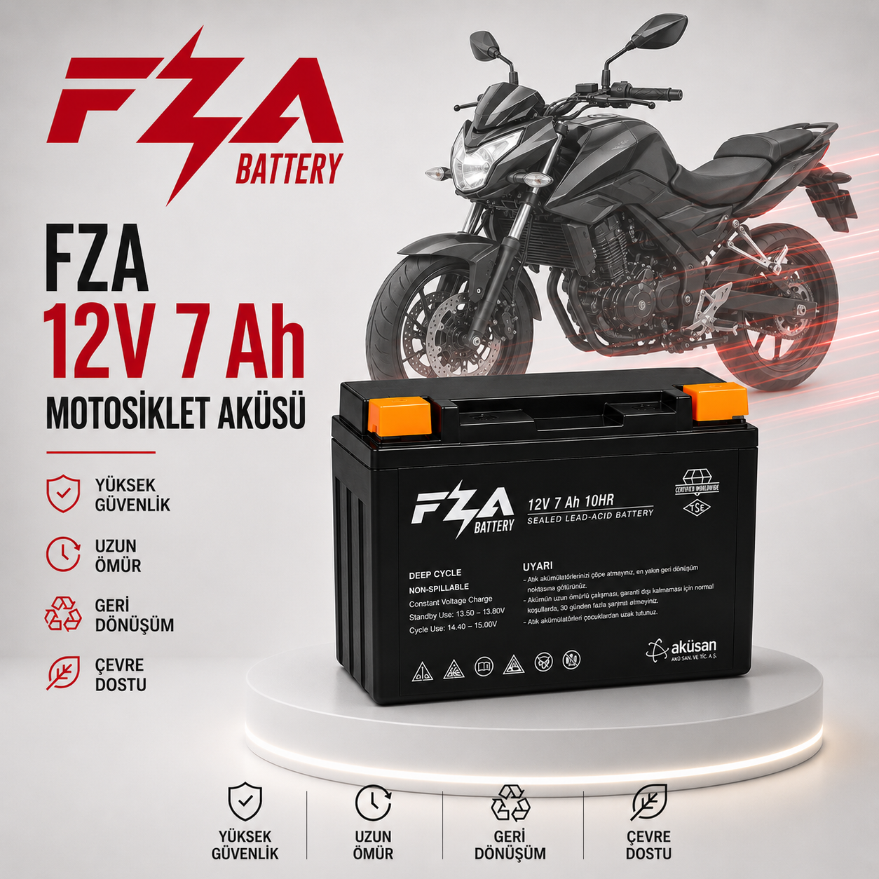 FZA 12 V 7 Ah (Yatık)  Motosiklet Aküsü - YTX7A-BS