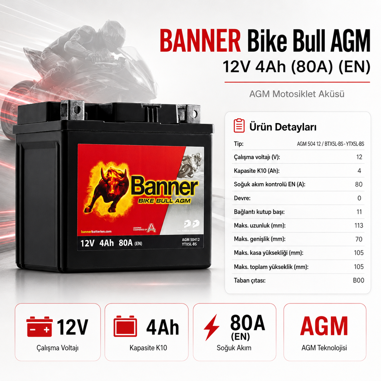 BANNER 12 V 4 AH (Yatık) Motosiklet Aküsü 50412 - BTX5L-BS