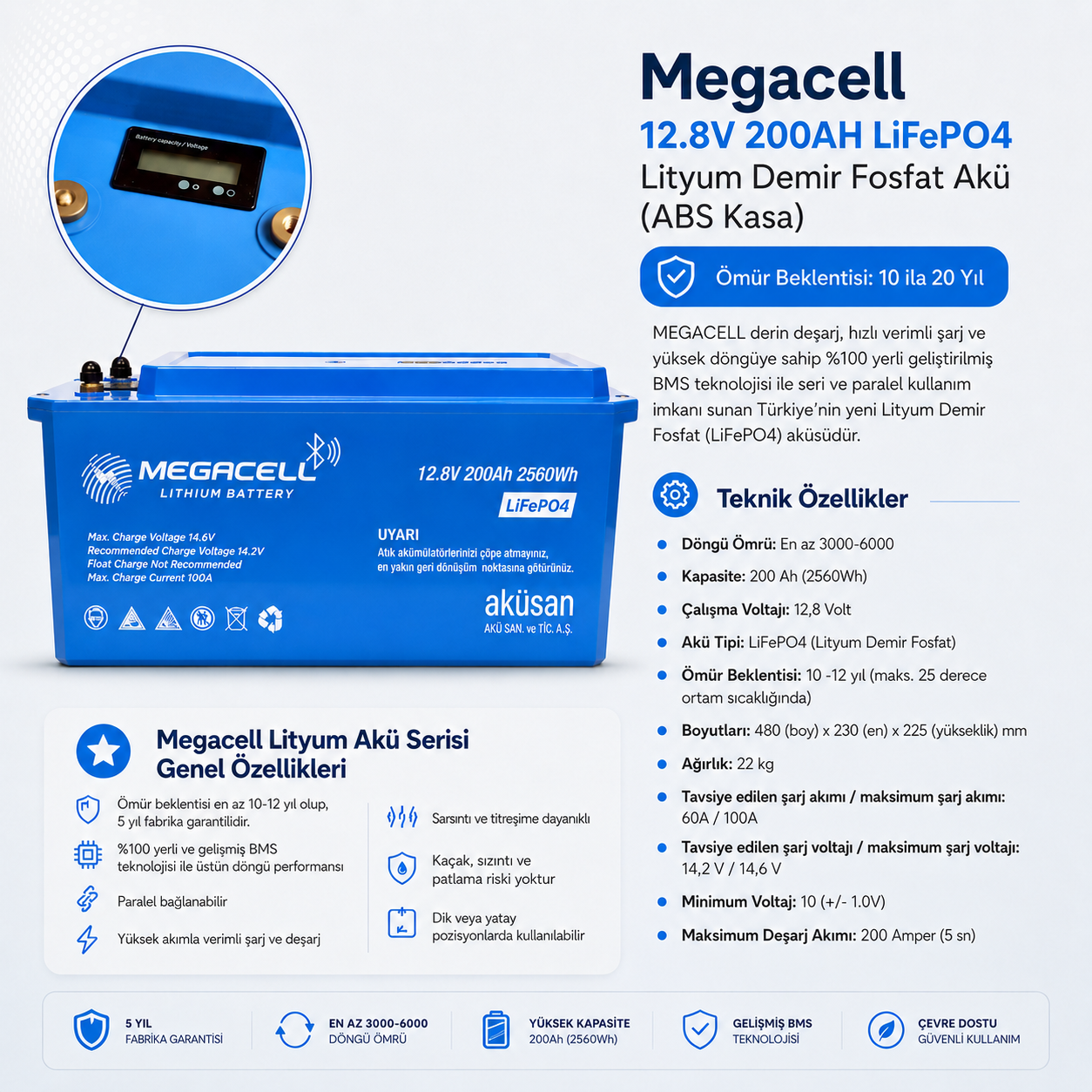 12.8 V -  100AH Megacell LiFePO4 (Lityum) Batarya