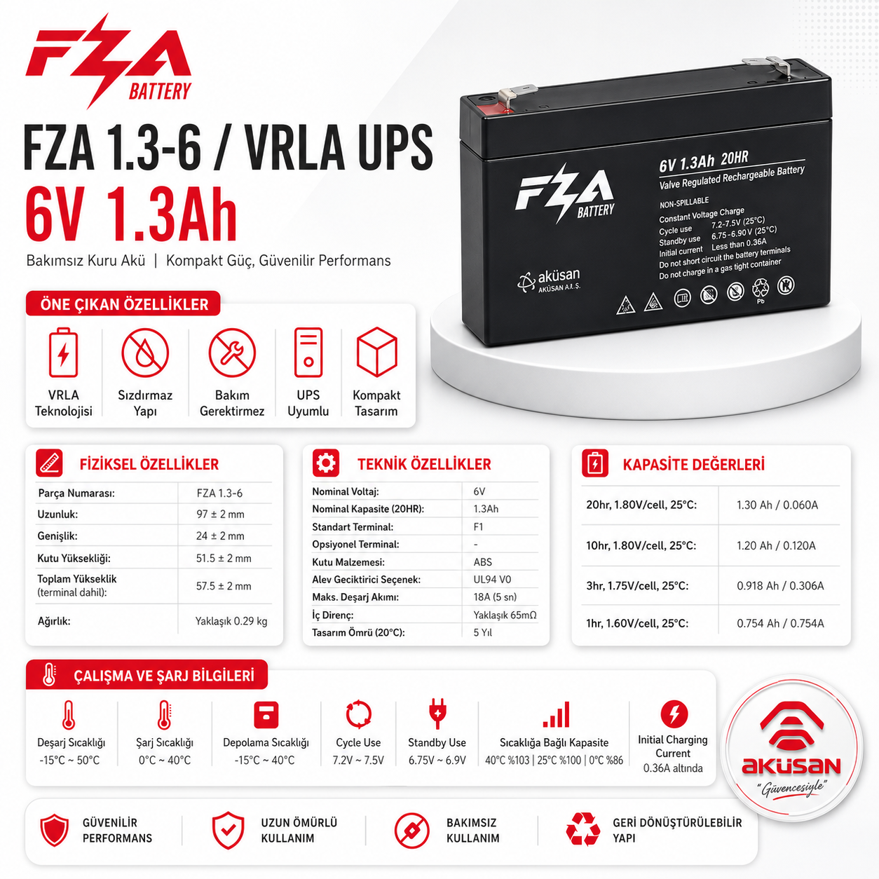 FZA 6V 1,3 Ah AGM ( Kuru Bakımsız )Akü