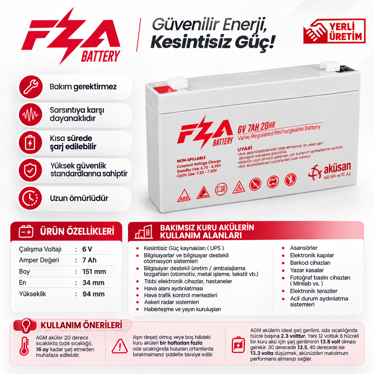 FZA 6V 7Ah AGM (Kuru Bakımsız) AKÜ