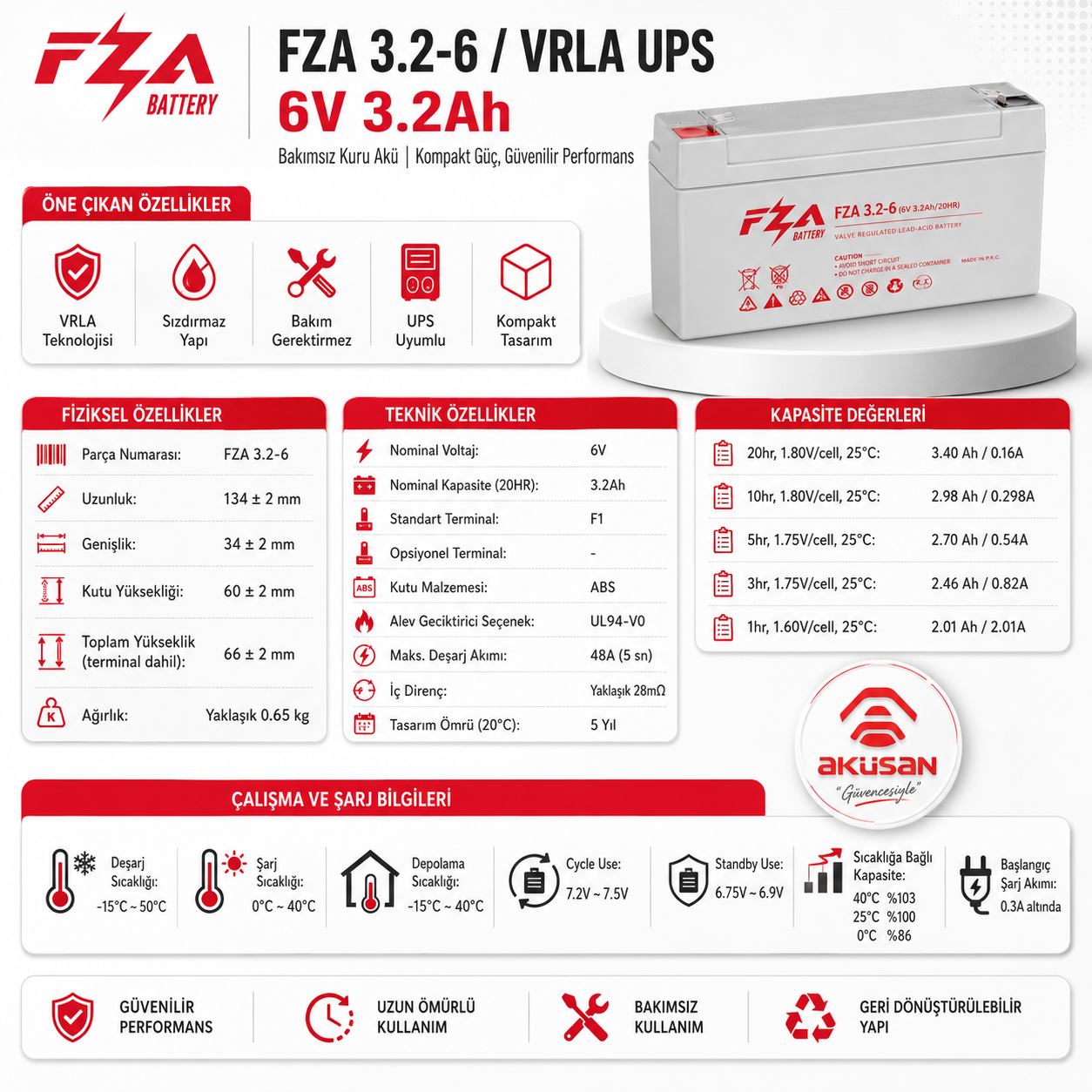 FZA 6 V 3,2 Ah AGM (Kuru Bakımsız) Akü