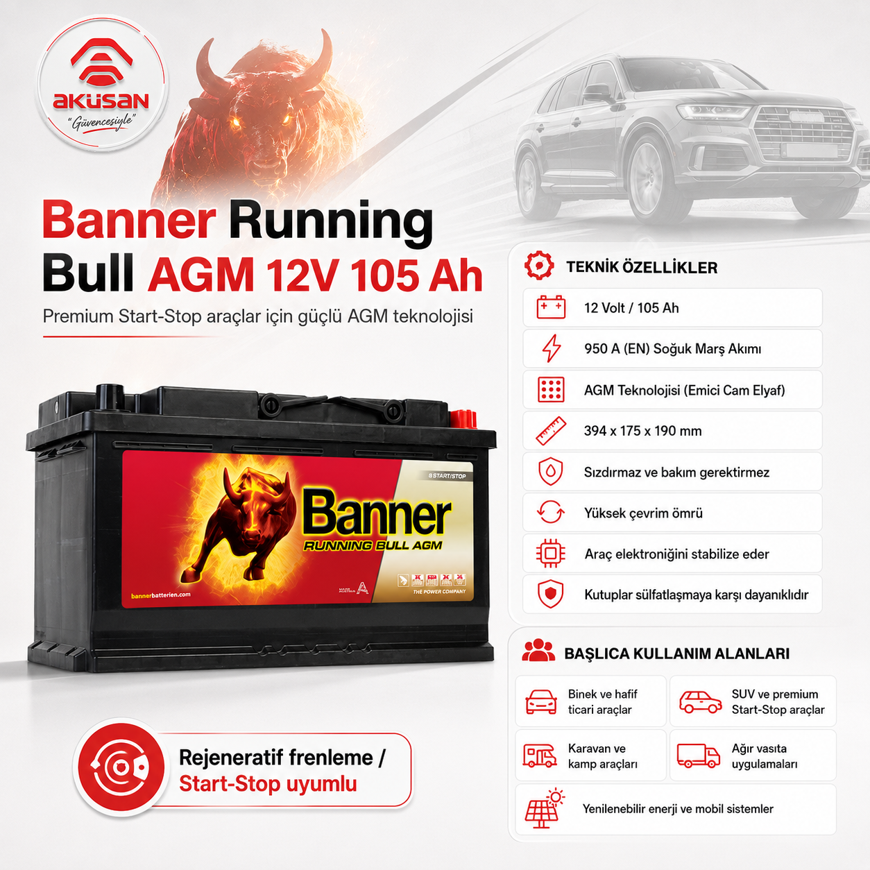 AGM 12V 105 Ah Banner Running Bull