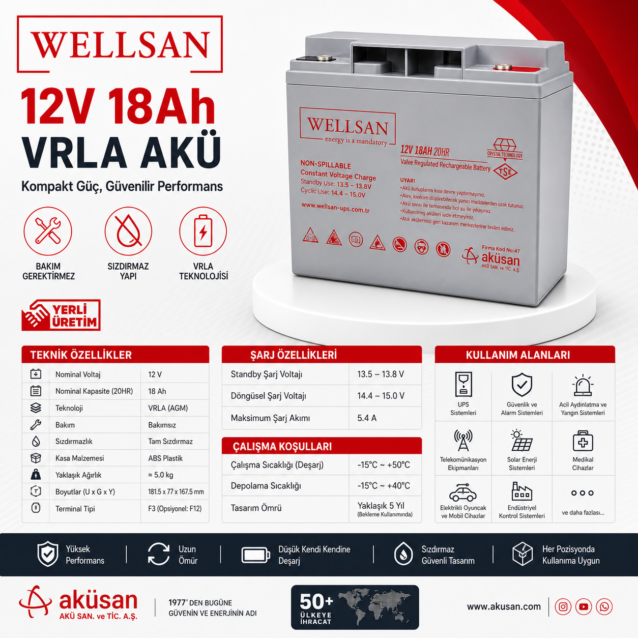 Wellsan 12 V 18 Ah AGM (Kuru Bakımsız) Akü