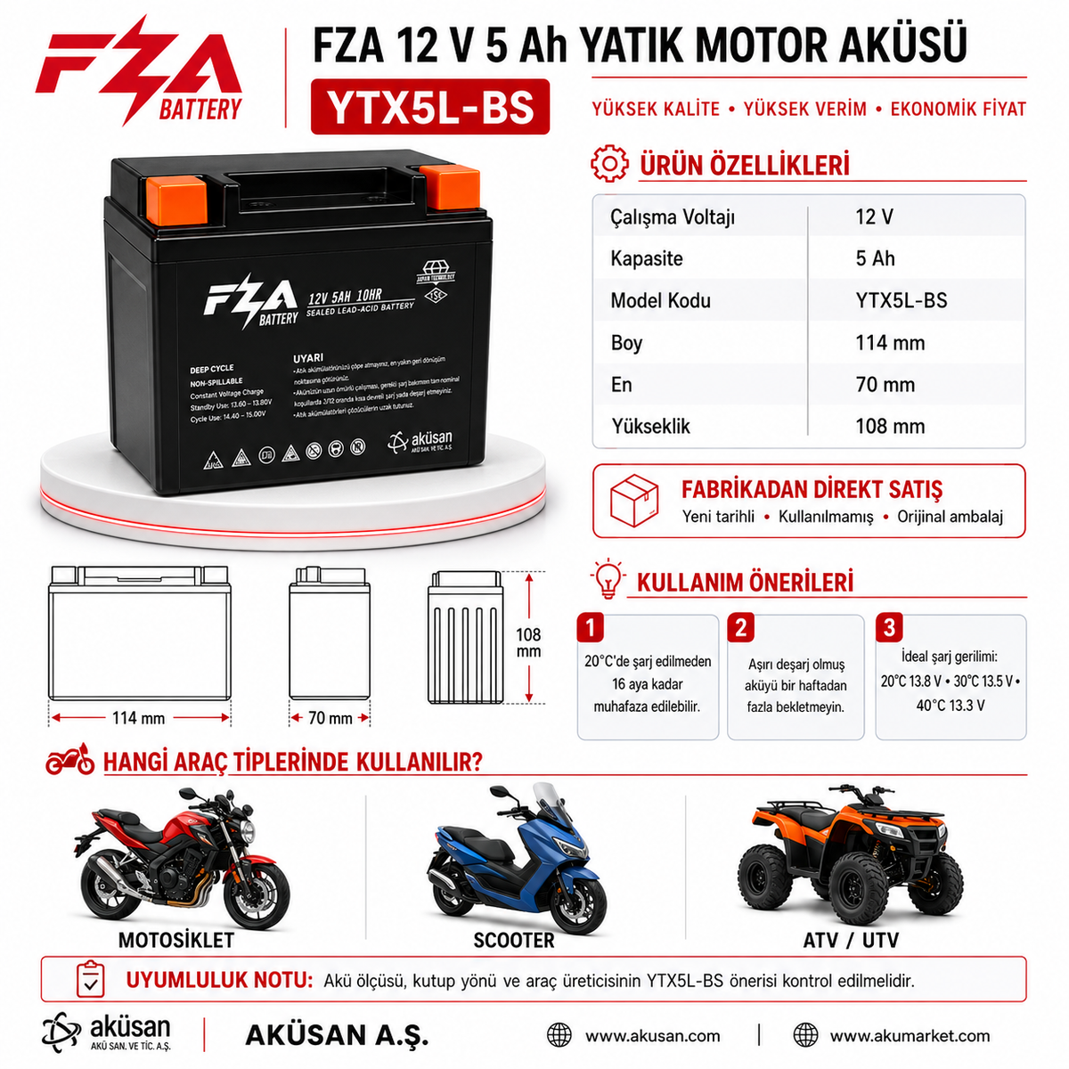 FZA 12 V 5 AH (Yatık) Motor Aküsü ( YTX5L-BS )