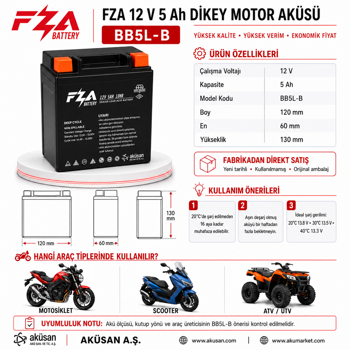 FZA 12 V 5 AH (Dikey) Motor Aküsü ( BB5L-B )