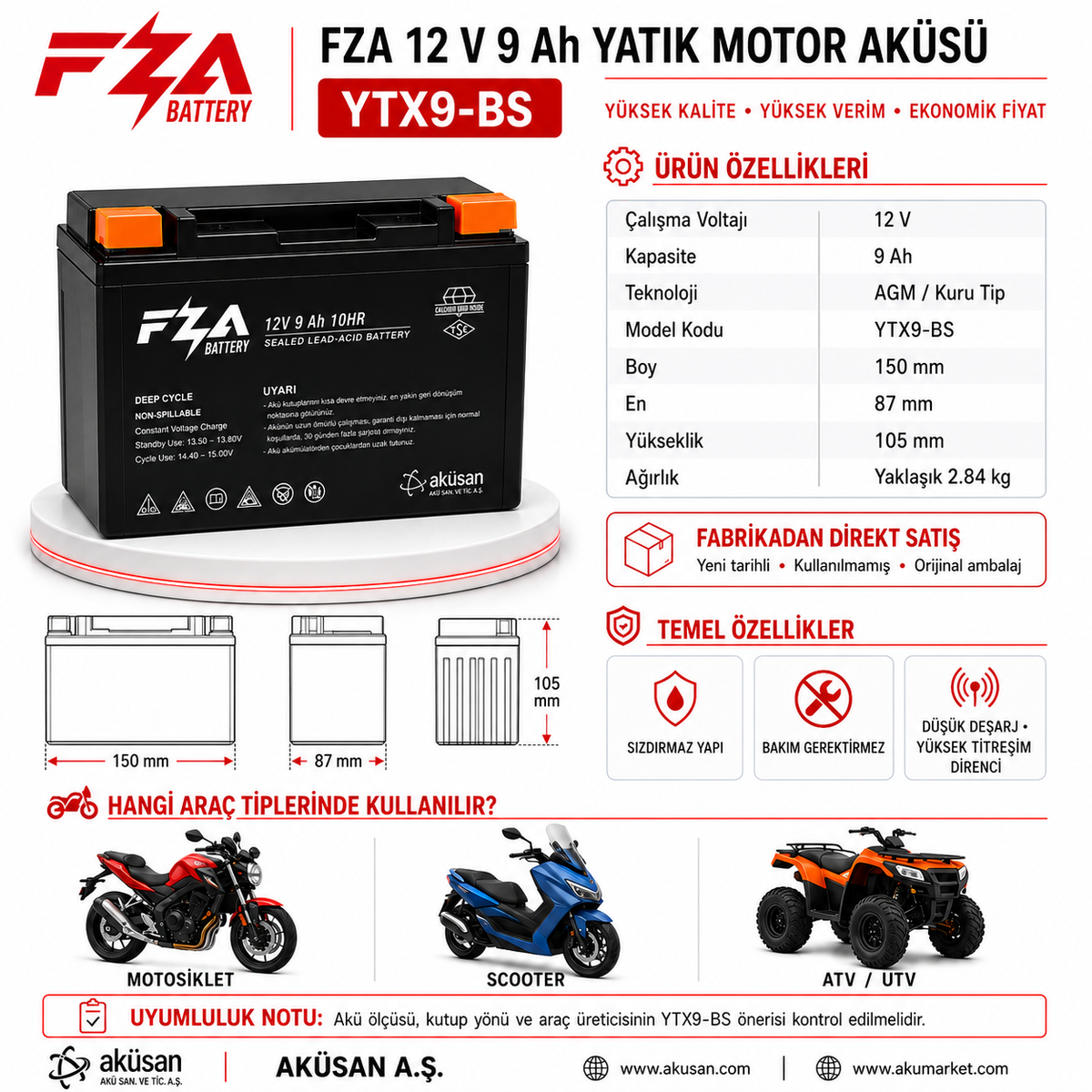 FZA 12 V 9 Ah (Yatık) Motor Aküsü - (YTX9-BS)