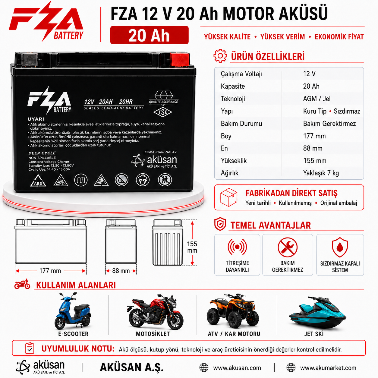 FZA 12 V 20 Ah Motosiklet Aküsü