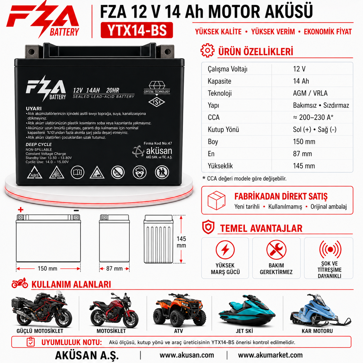 FZA 12 V 14 AH Motor Aküsü (YTX14-BS)