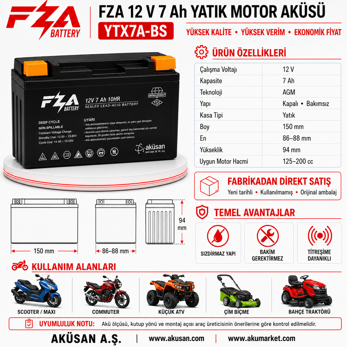 FZA 12 V 7 Ah (Yatık)  Motosiklet Aküsü - YTX7A-BS