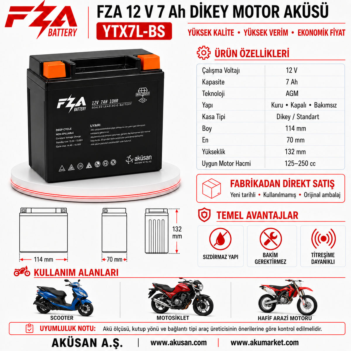 FZA 12 V 7 Ah (Dikey) Motosiklet Aküsü (YTX7L-BS)