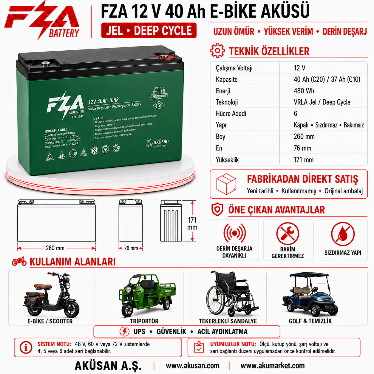 FZA 12V 40 Ah E-Bike (Elektrikli Bisiklet) Akü