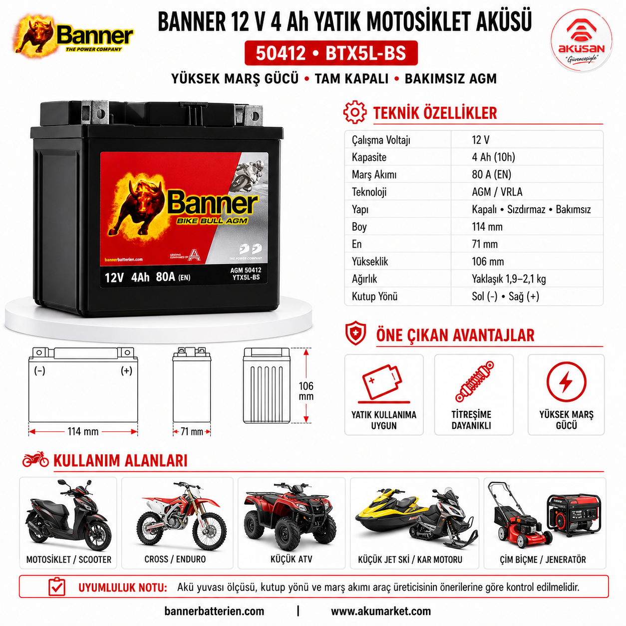 BANNER 12 V 4 AH (Yatık) Motosiklet Aküsü 50412 - BTX5L-BS