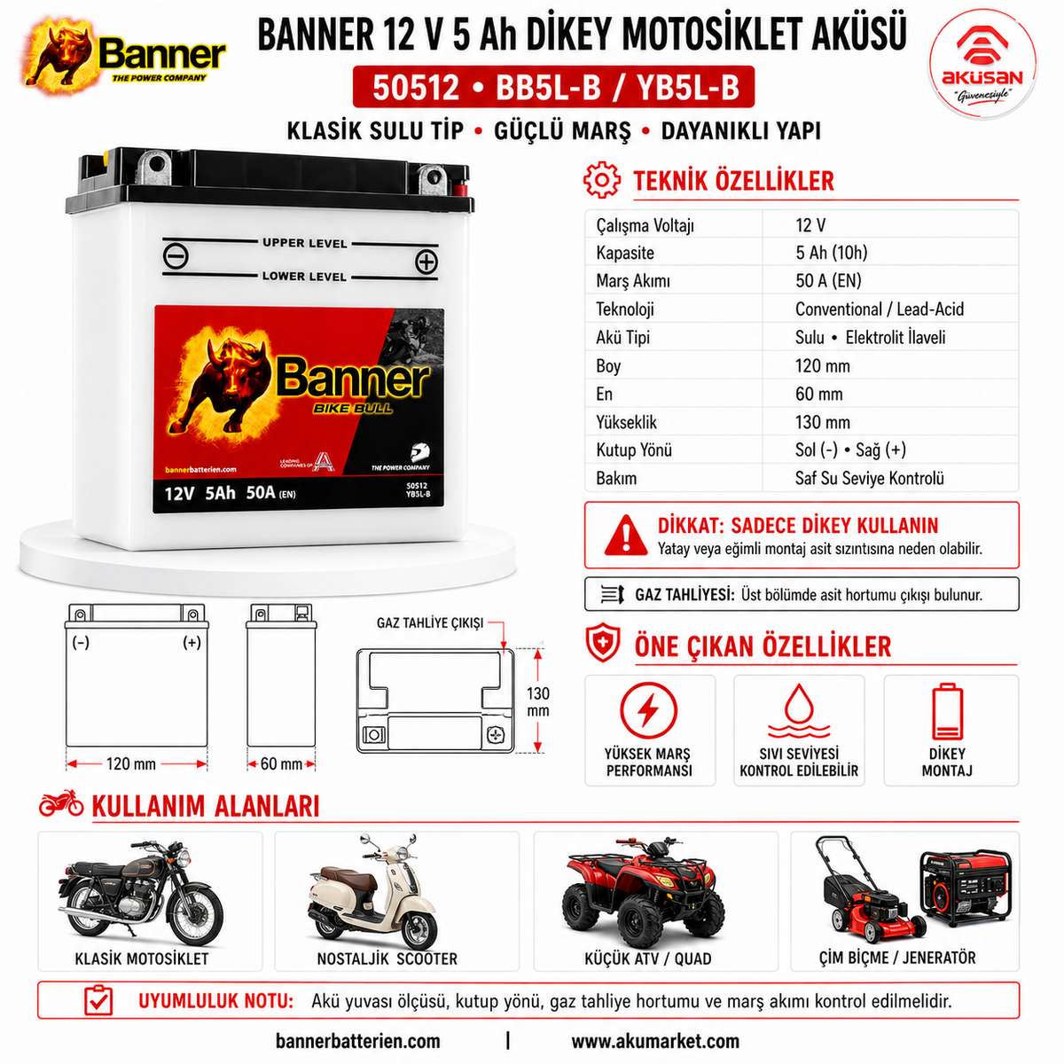 BANNER 12 V 5 AH (Dikey) Motosiklet Aküsü 50512 - BB5L-B Dik