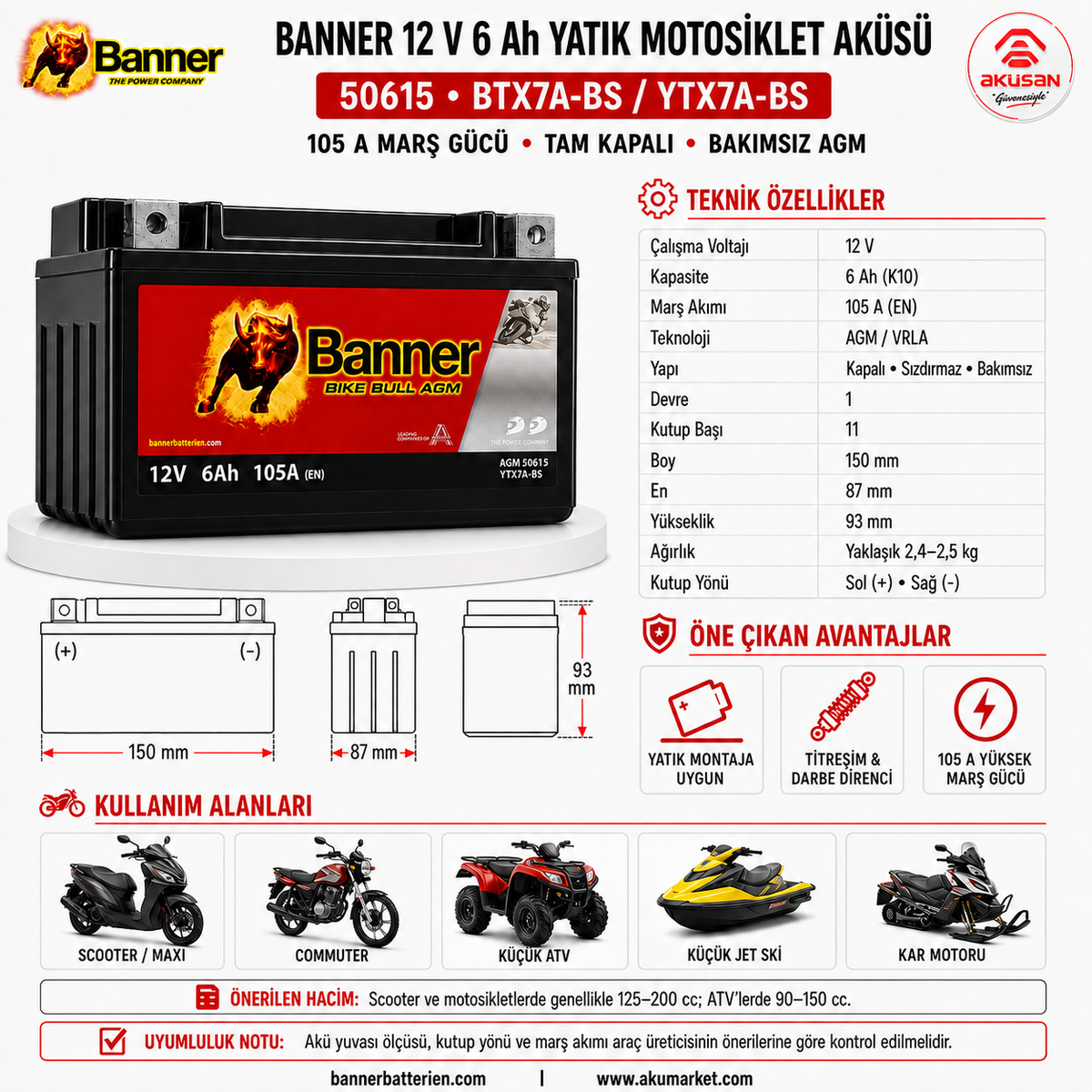 BANNER 12 V 6 AH (Yatık) Motosiklet Aküsü 50615 - BTX7A-BS