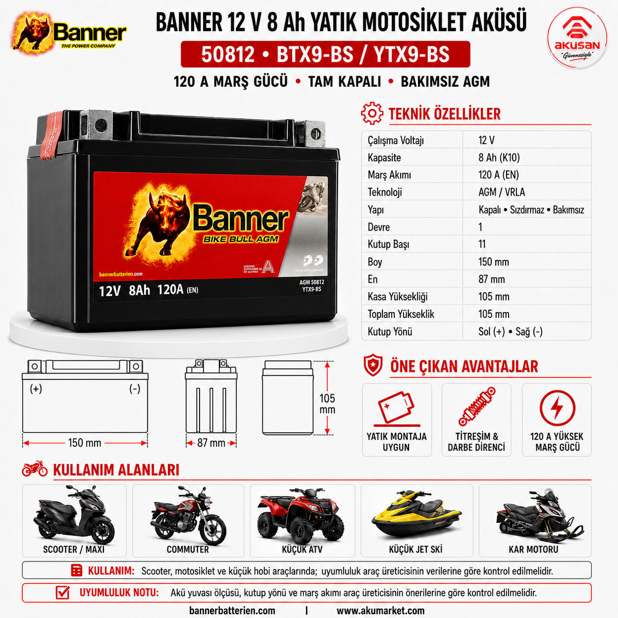BANNER 12 V 8 AH (Yatık) Motosiklet Aküsü  50812 - BTX9-BS