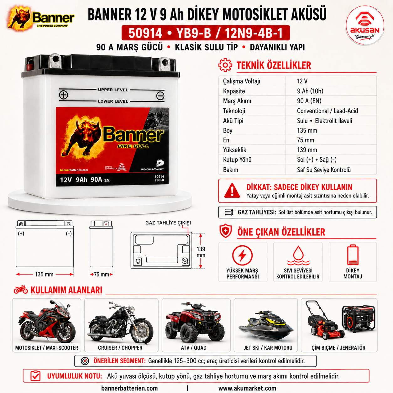 BANNER 12 V 9 AH (Dikey) Motosiklet Aküsü 50914 - YB9-B Dik