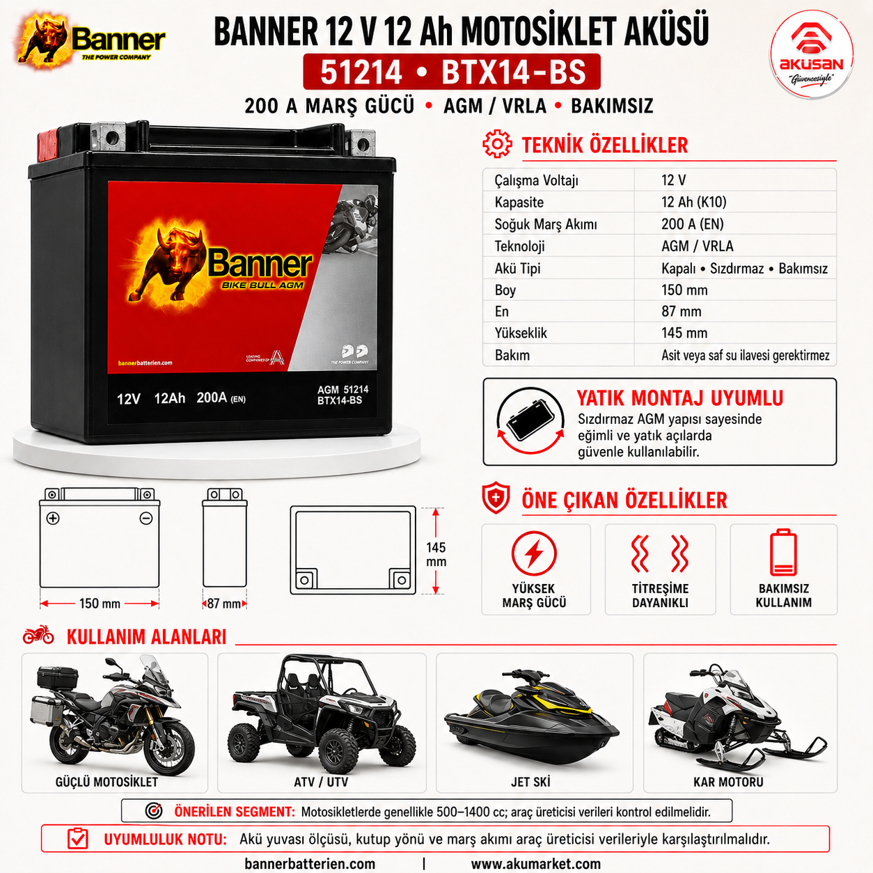 BANNER 12 V 12 AH Motosiklet Aküsü - BTX14-BS / 51214