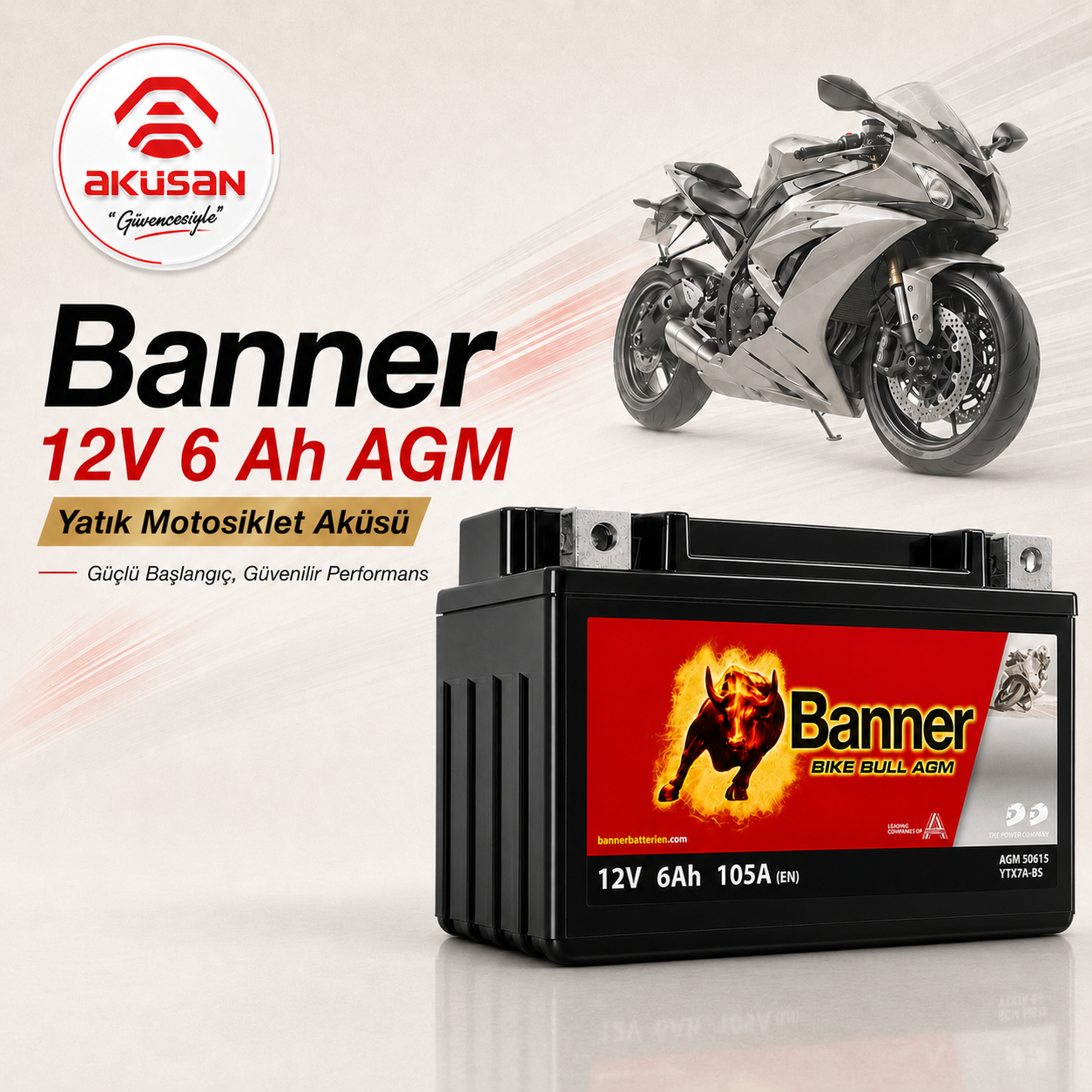 BANNER 12 V 6 AH (Yatık) Motosiklet Aküsü 50615 - BTX7A-BS