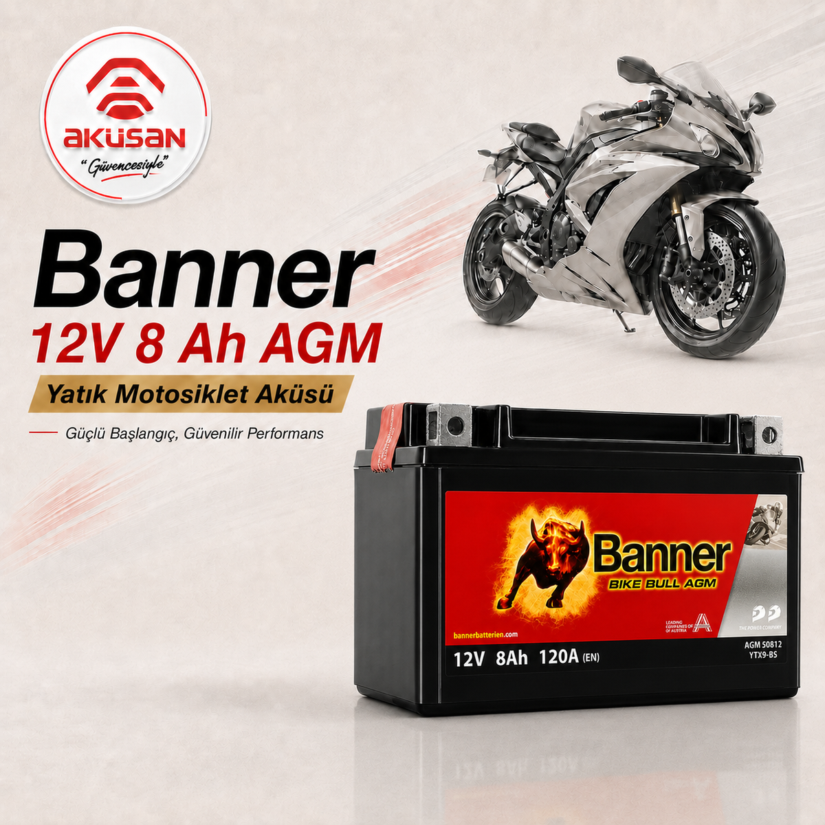 BANNER 12 V 8 AH (Yatık) Motosiklet Aküsü  50812 - BTX9-BS