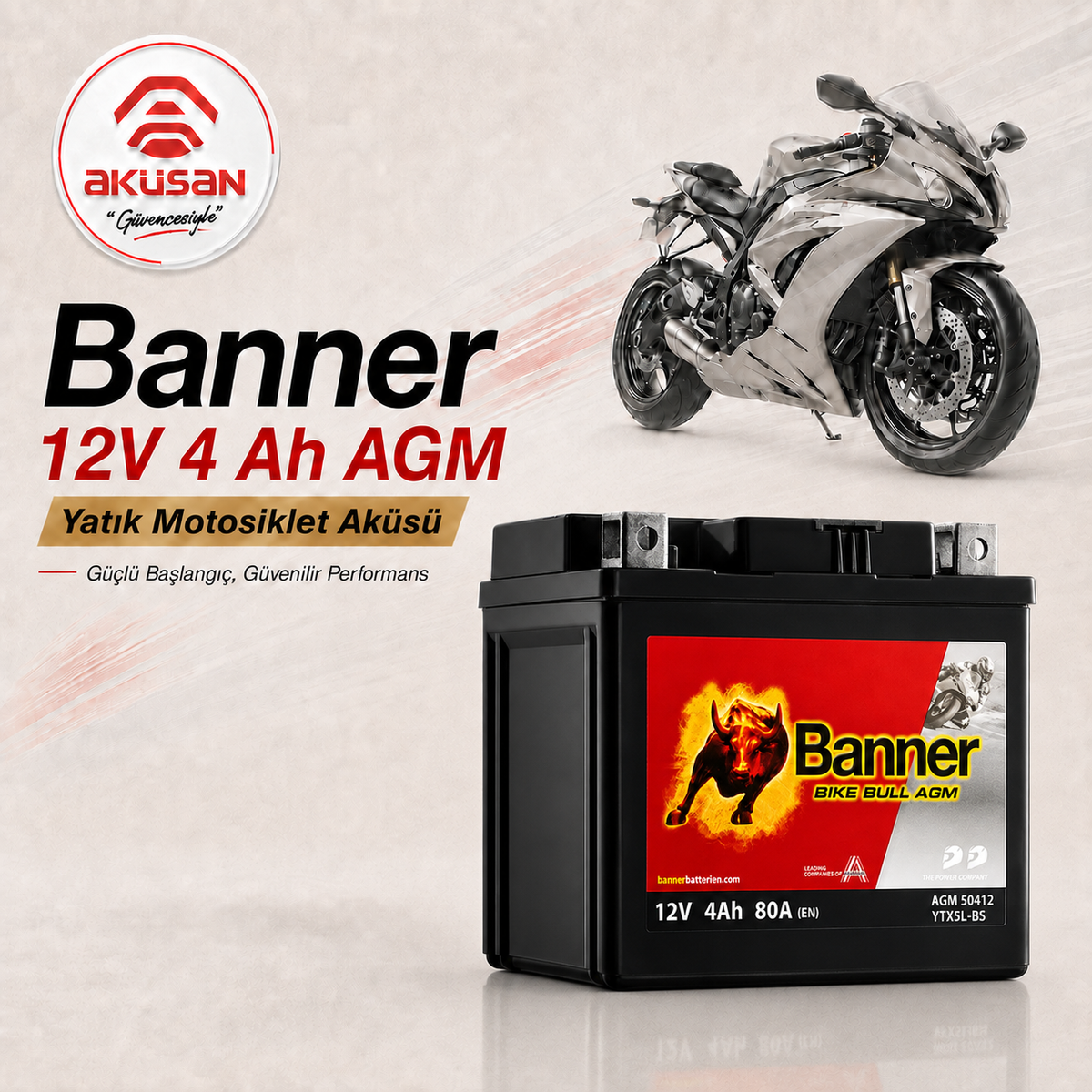 BANNER 12 V 4 AH (Yatık) Motosiklet Aküsü 50412 - BTX5L-BS