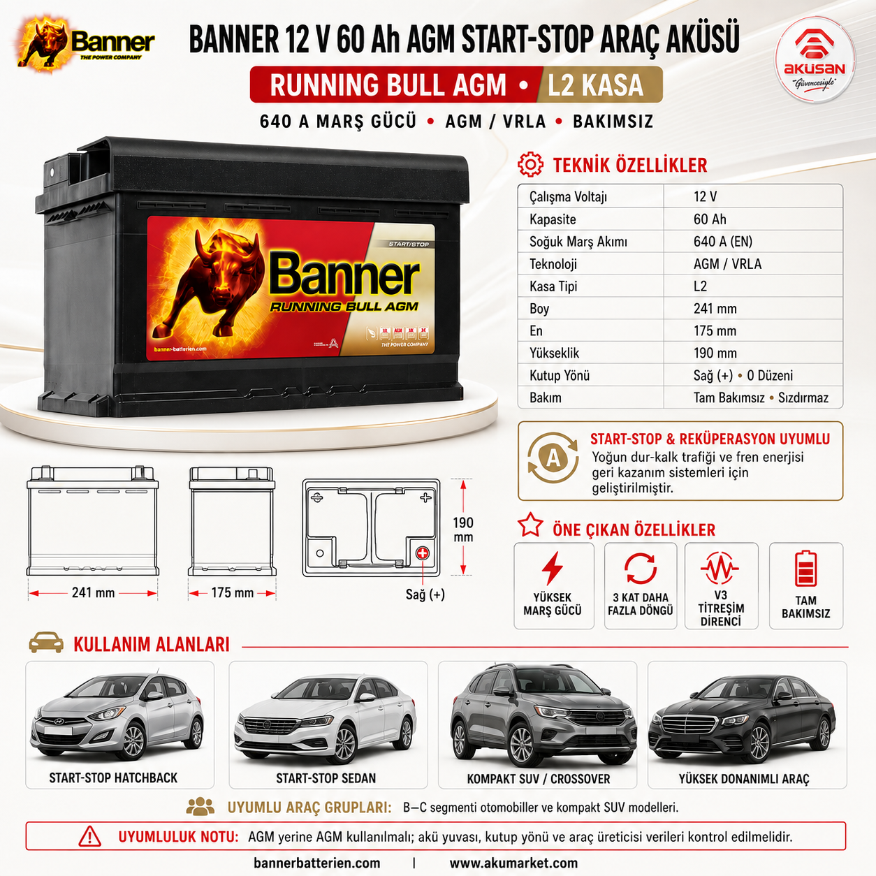 BANNER 12 V 60 AH AGM Start Stop Araç Aküsü