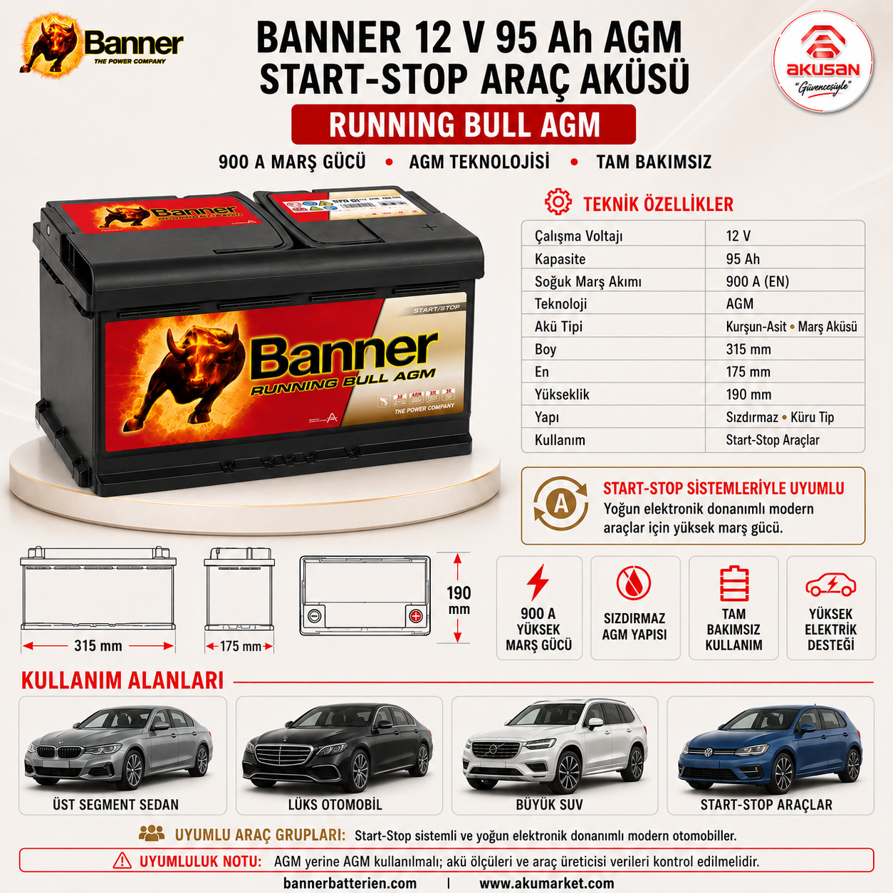 Banner 12 V 95 Ah AGM (Start-Stop) Akü