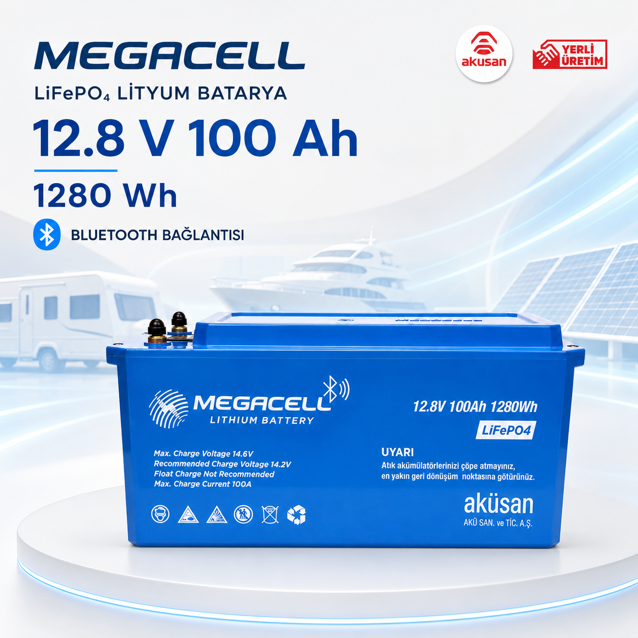 Megacell 12.8V 100Ah LiFePO4 lityum akü karavan ve marin kullanım görseli