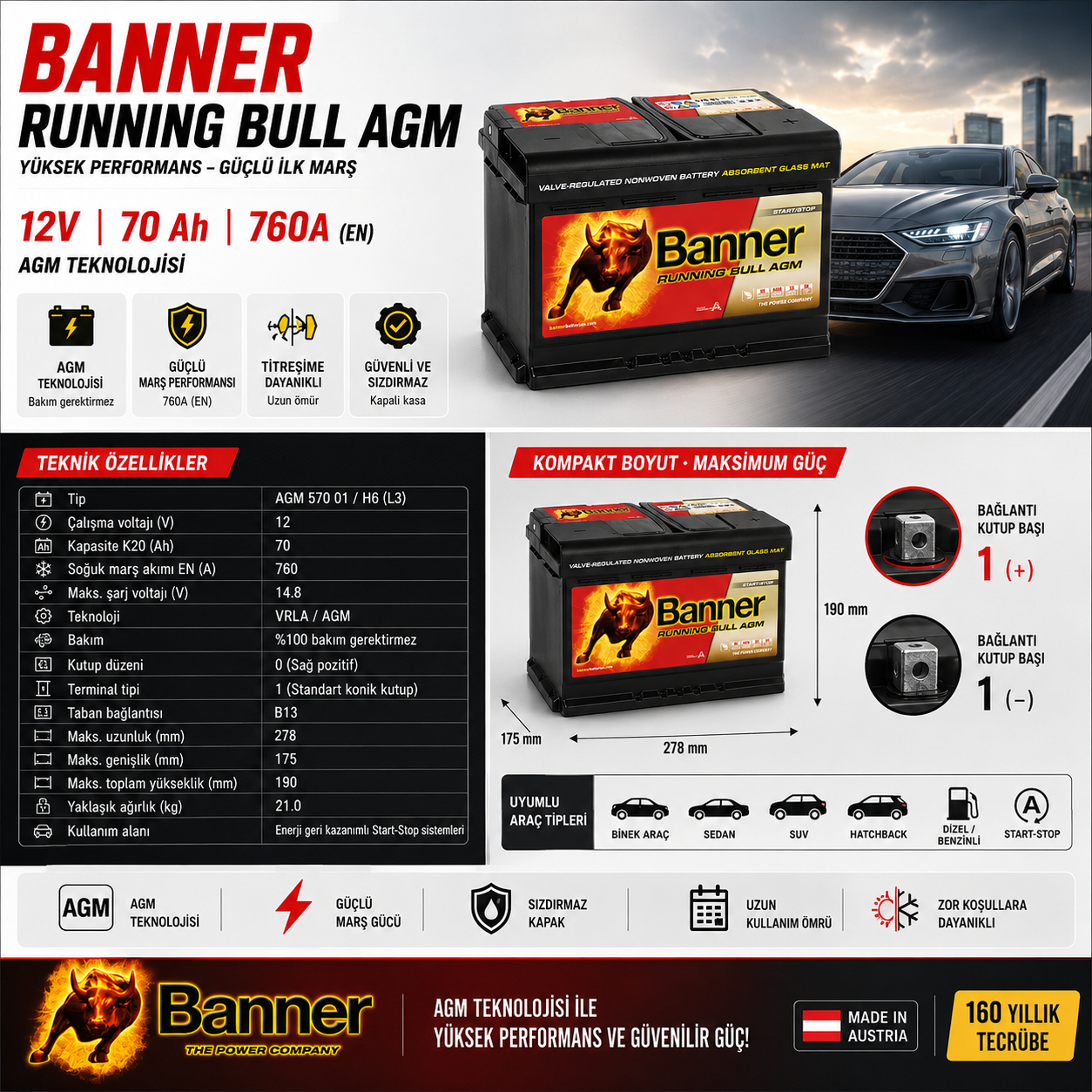 Banner 12V 70 Ah AGM (Start-Stop) Akü