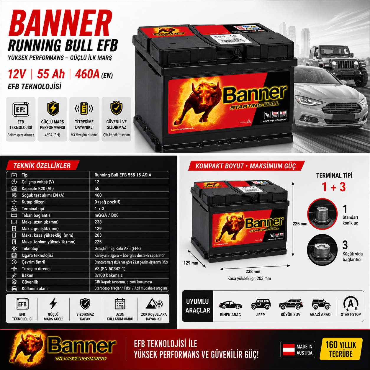 Banner 12V 55 Ah EFB (Start - Stop) Akü