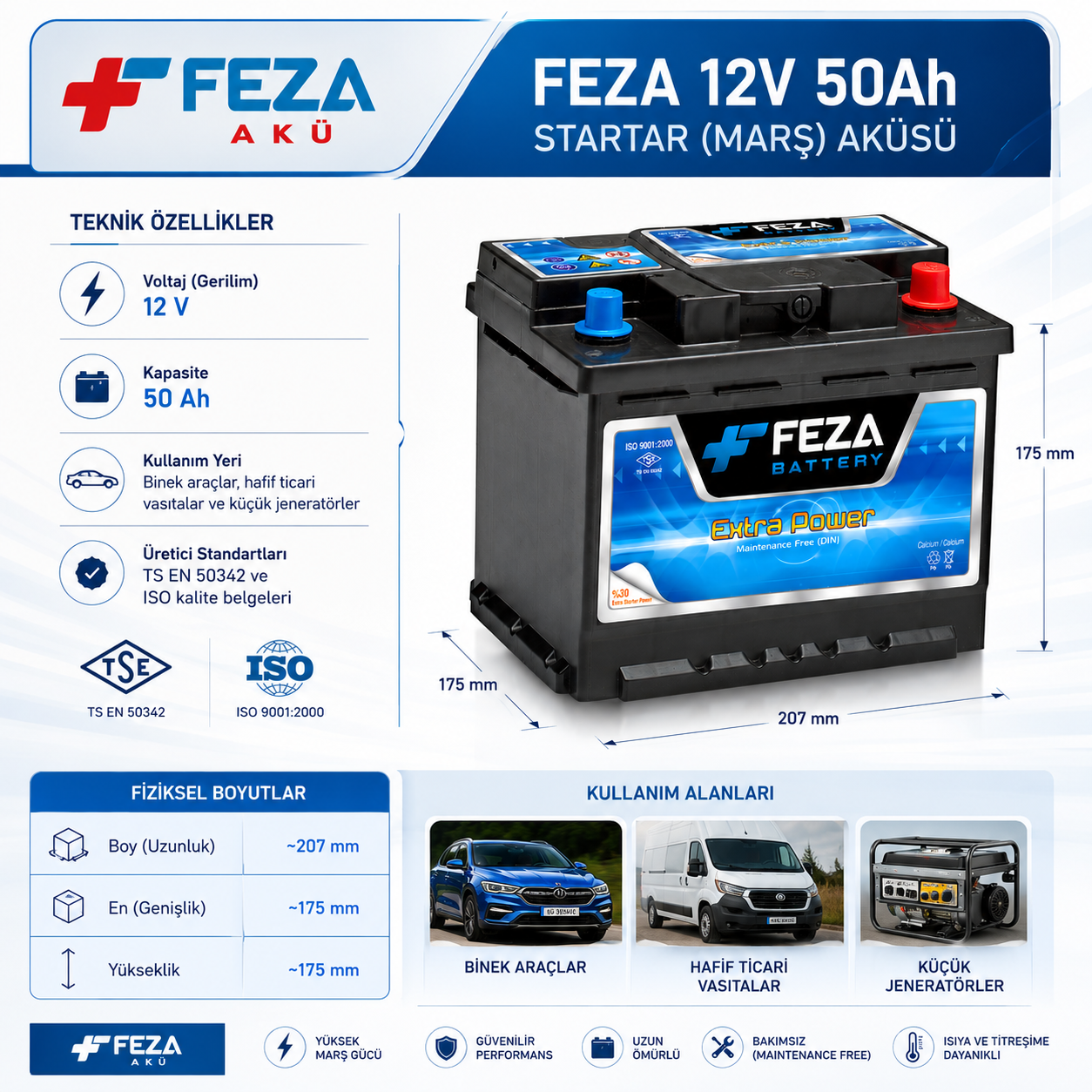 FEZA 12 V 50 Ah (Marş/Sulu) Akü