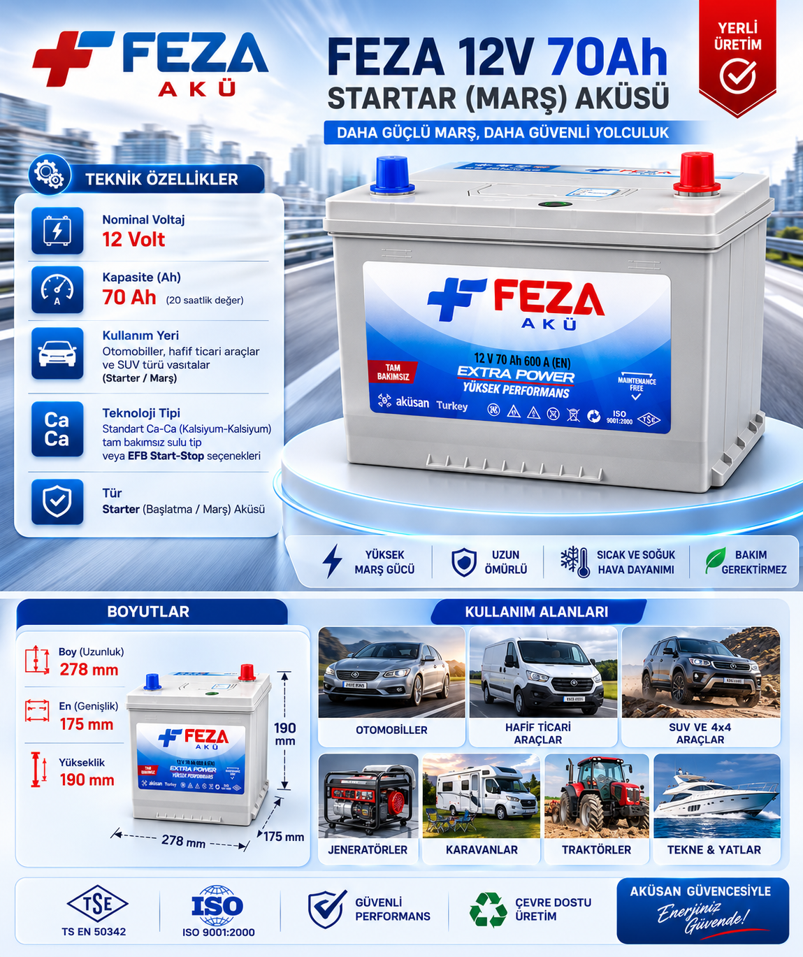 FEZA 12 V 70 Ah(Sulu) Akü
