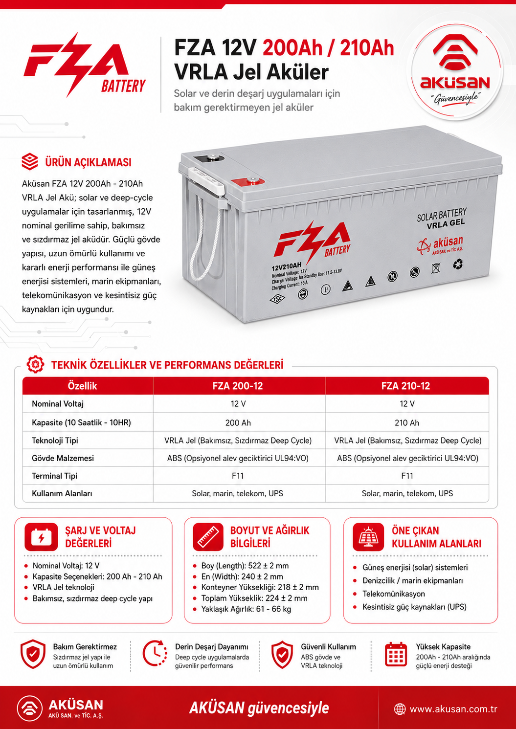 FZA 12V 200Ah JEL akü teknik özellikleri