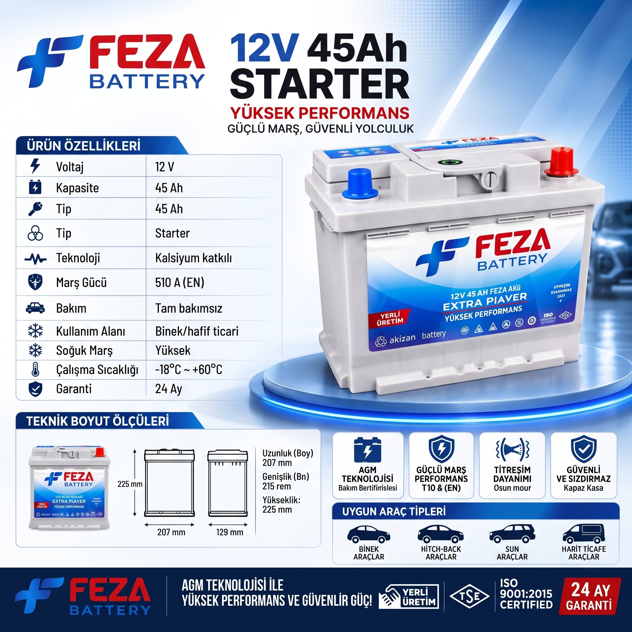 FEZA 12 V 45 Ah (Marş/Sulu) Starter Akü