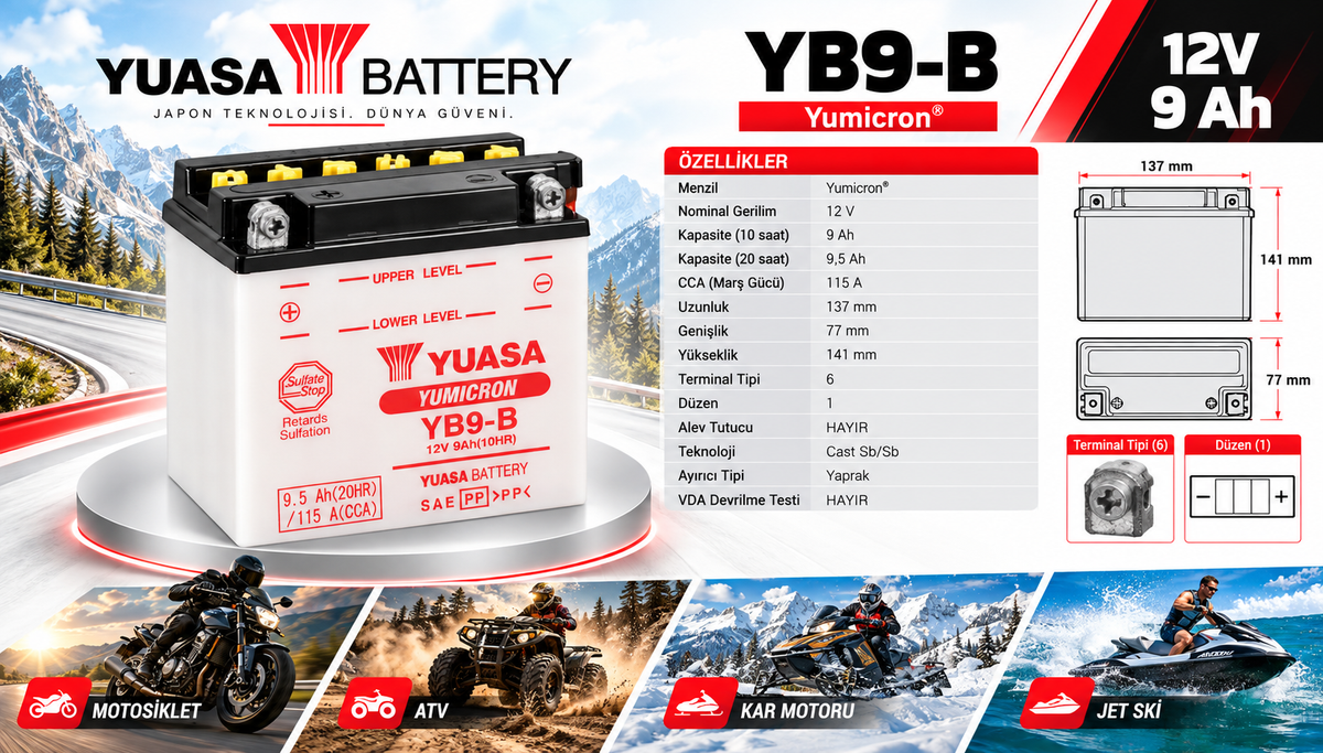 Yuasa 12V 9 Ah Motosiklet Aküsü (Dik) (YB9-B)