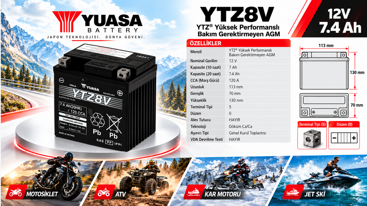 Yuasa 12v 7 Ah Motosiklet Aküsü (Dik) (YTZ8V)