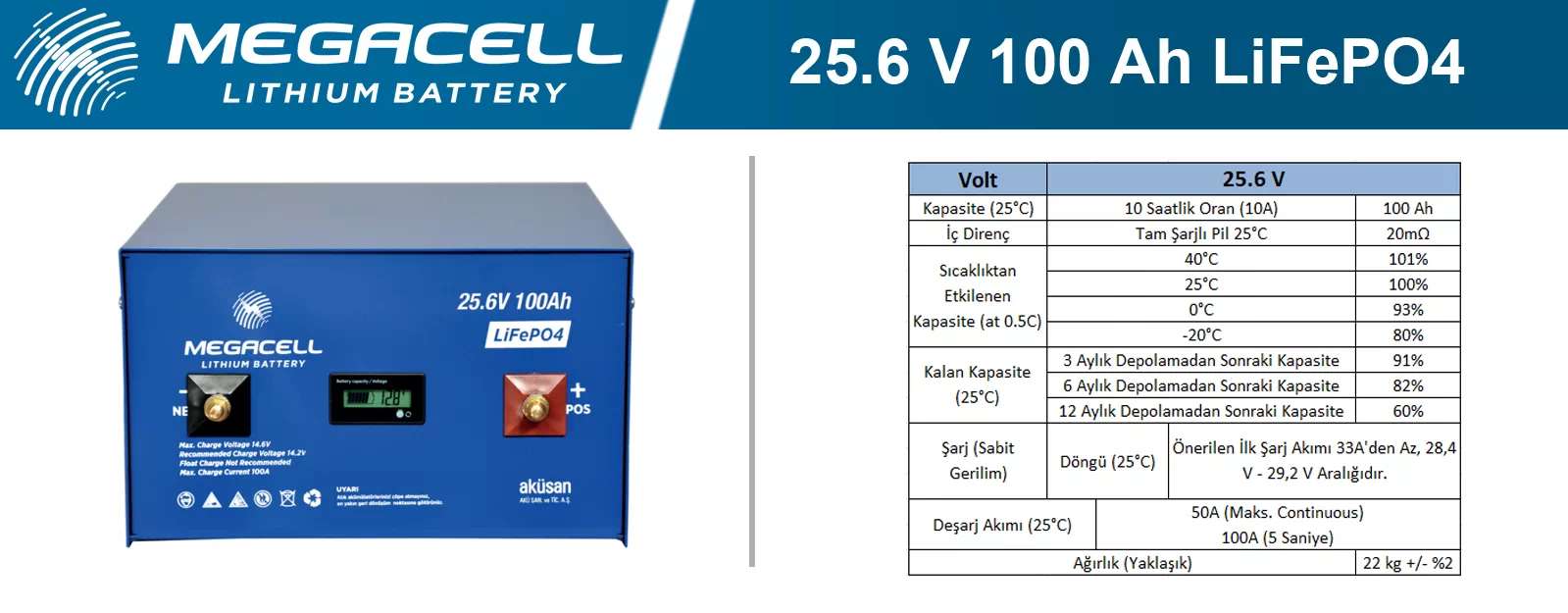 MEGACELL 25.6 V 110 AH Lityum / LifePo4 Akü MEGACELL 25.6 V 110 AH Lityum / LifePo4 Akü